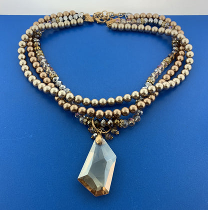 Gold Tone Faux Pearl Crystal Bead Faceted Glass Pendant Statement Necklace