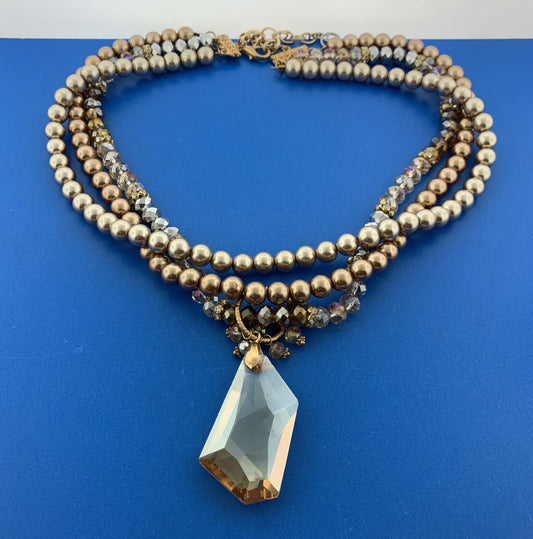 Gold Tone Faux Pearl Crystal Bead Faceted Glass Pendant Statement Necklace