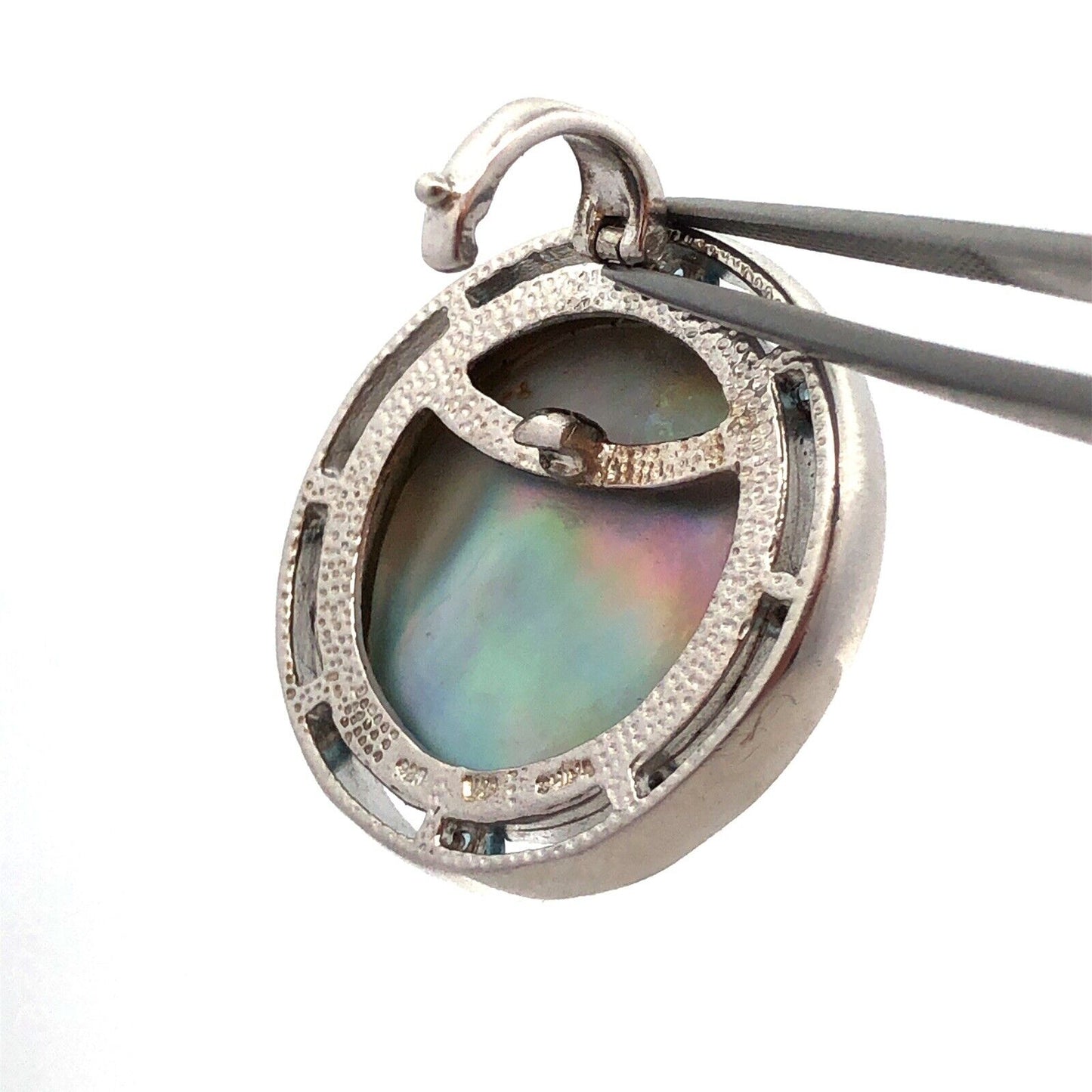 Designer 925 Sterling Silver Mabe Pearl Round Blue Topaz Statement Pendant