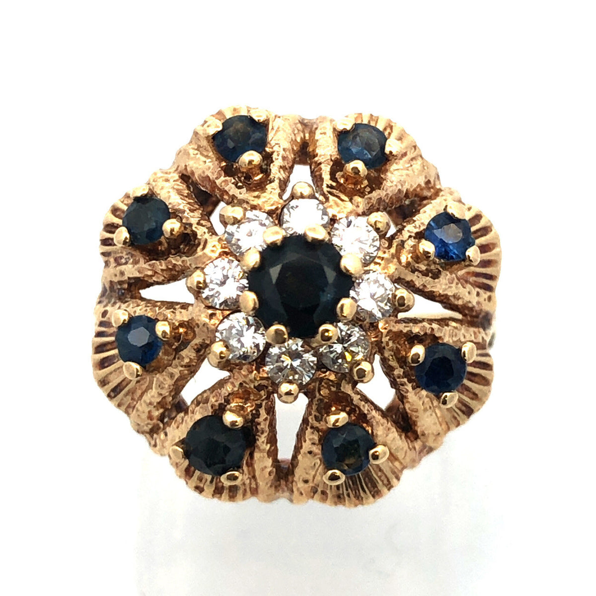 Retro 14K Yellow Gold Sapphire Diamond September Anniversary Princess Harem Ring
