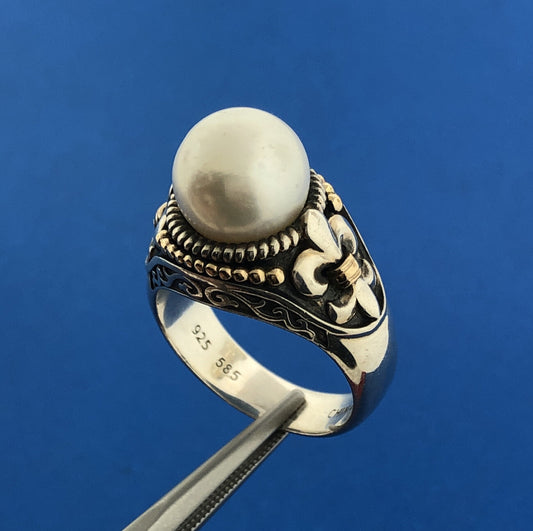 Designer HVE Sterling Silver 14K Yellow Gold Pearl Solitaire Fleur De Lis Ring