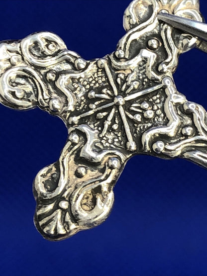 Vintage 925 Sterling Silver Religious Detailed Scroll Large Cross Pendant