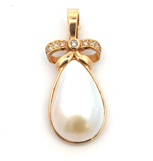 Designer 14K Yellow Gold Teardrop Pearl Diamond Accent Bow Enhancer Pendant