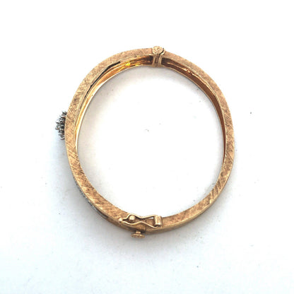 Vintage 14K Yellow Gold Round Diamond Flower Textured Hinged Bangle