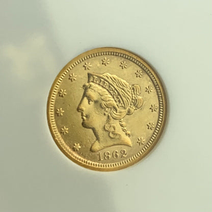 1862 S San Francisco $2.50 Coronet Head 90% Gold Quarter Eagle NGC AU53 Coin