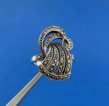 Estate Art Deco 925 Sterling Silver Marcasite Free Form Statement Cocktail Ring