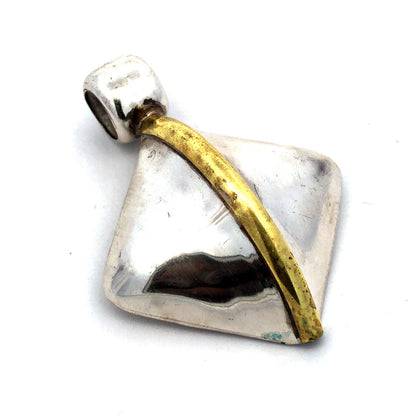 Vintage Taxco Mexico Laton 925 Sterling Silver Brass Square Statement Pendant