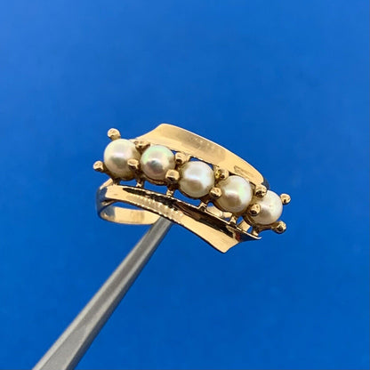 10K Yellow Gold Five Pearl Modernist Bypass Ring