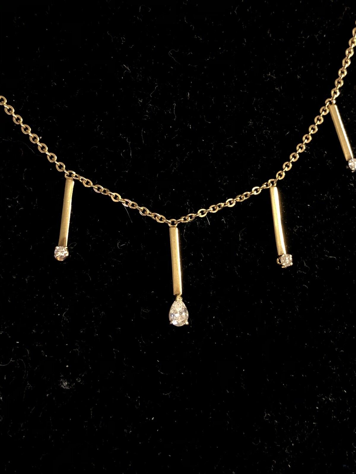 14K Yellow Gold Pear Cut Diamond Graduated Drop Bar Station Necklace