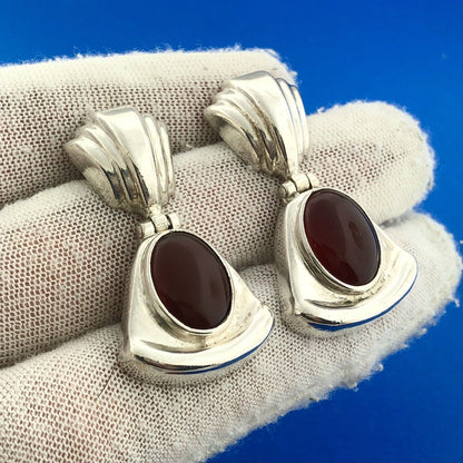 Vintage Taxco TR-126 Sterling 925 Silver Oval Carnelian Cabochon Dangle Earrings