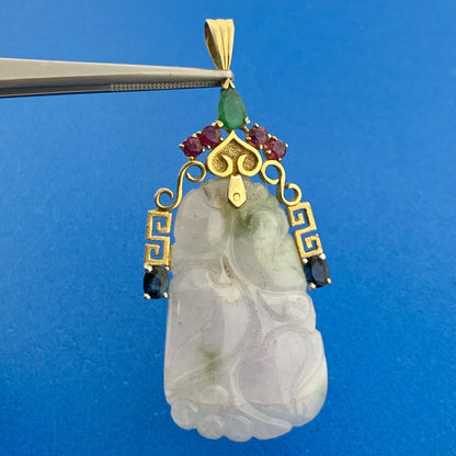 Gorgeous 18k Yellow Gold Carved White Jade Emerald Ruby Sapphire Dangle Pendant