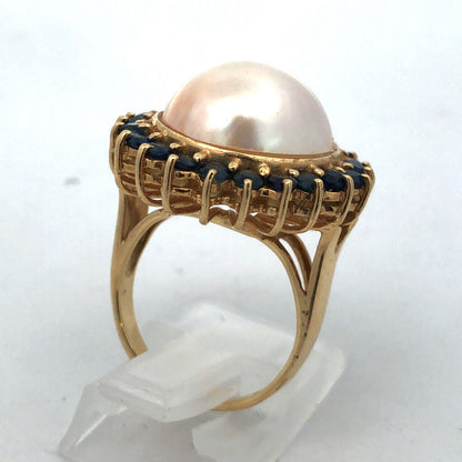 Vintage Designer 14K Yellow Gold Mabe Pearl Sapphire Halo Statement Cocktail Rin