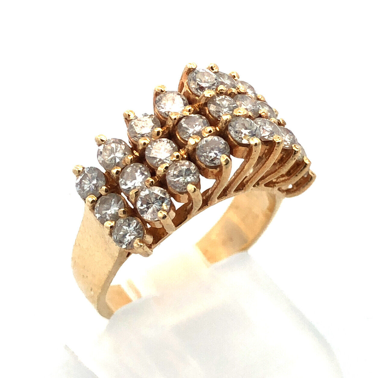 Unique 14K Yellow Gold Round Diamond 3 Rows Cluster Dome Statement Band Ring