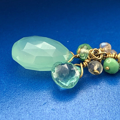 India Sterling Silver Vermeil Green Blue Opalescent Beads Drop Dangle Earrings