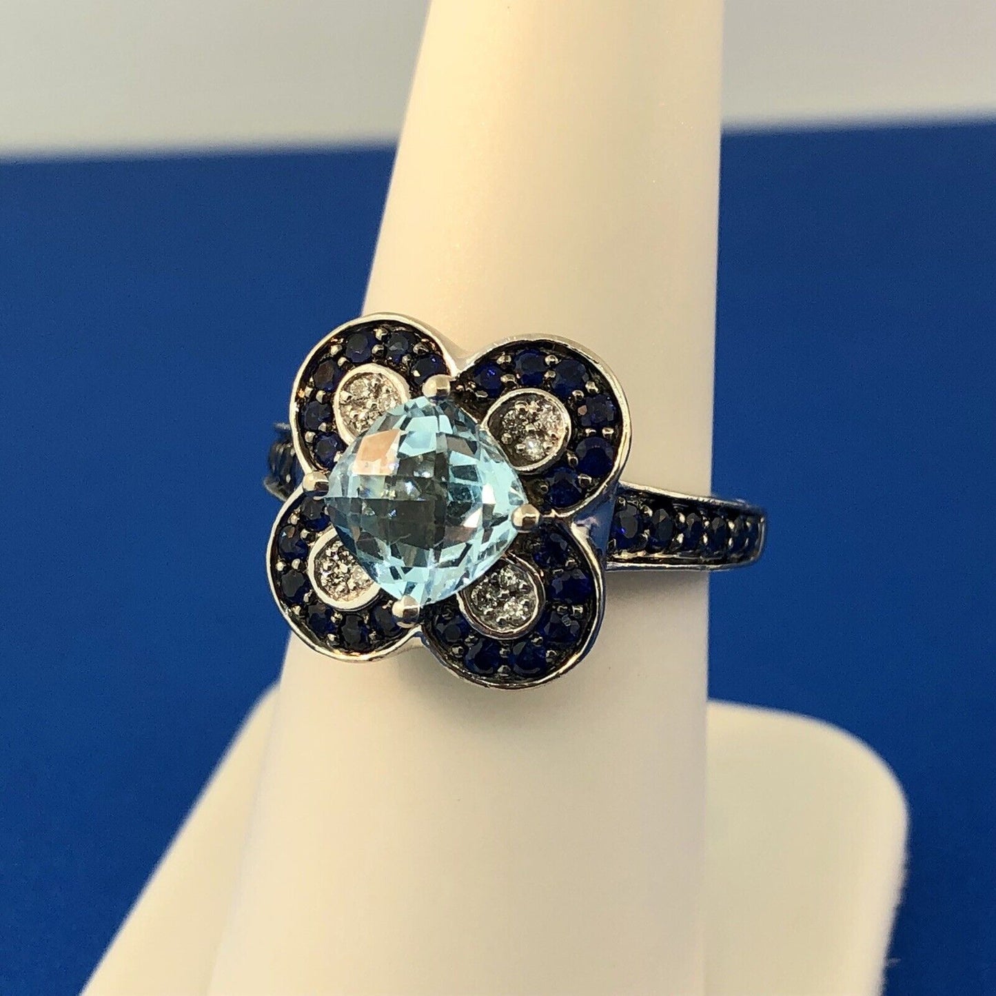 Le Vian 14K White Gold Blue Topaz Diamond Sapphire Flower Cluster Cocktail Ring