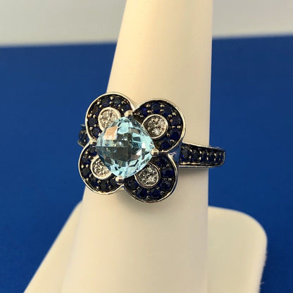 Le Vian 14K White Gold Blue Topaz Diamond Sapphire Flower Cluster Cocktail Ring
