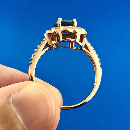 Strawberry Toned 925 Sterling Silver Oval Blue Cubic Zirconia White CZ Halo Ring