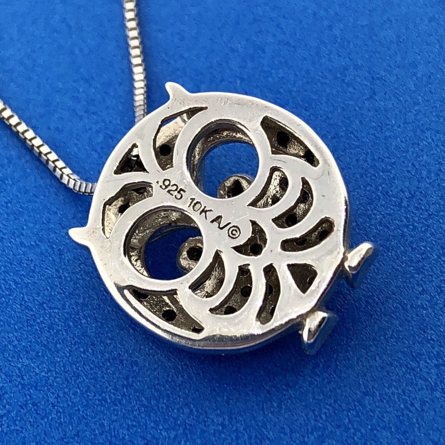 Designer 10K Yellow Gold Sterling Silver Black White Diamond Chubby Owl Necklace