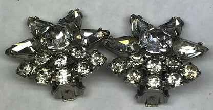Vintage Art Deco Crystal Rhinestone Flower Cluster Bridal Cocktail Clip Earrings