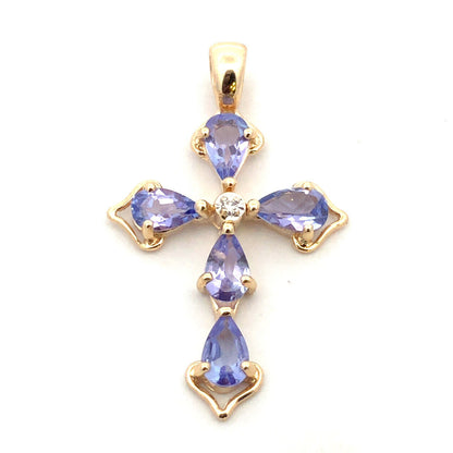 Designer Mexico 14K Yellow Gold Pear Tanzanite Diamond Accent Cross Pendant