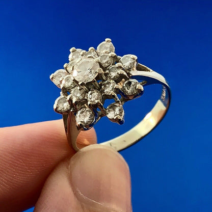 Art Deco 14K White Gold Diamond Starburst Floral Cluster Bridal Anniversary Ring