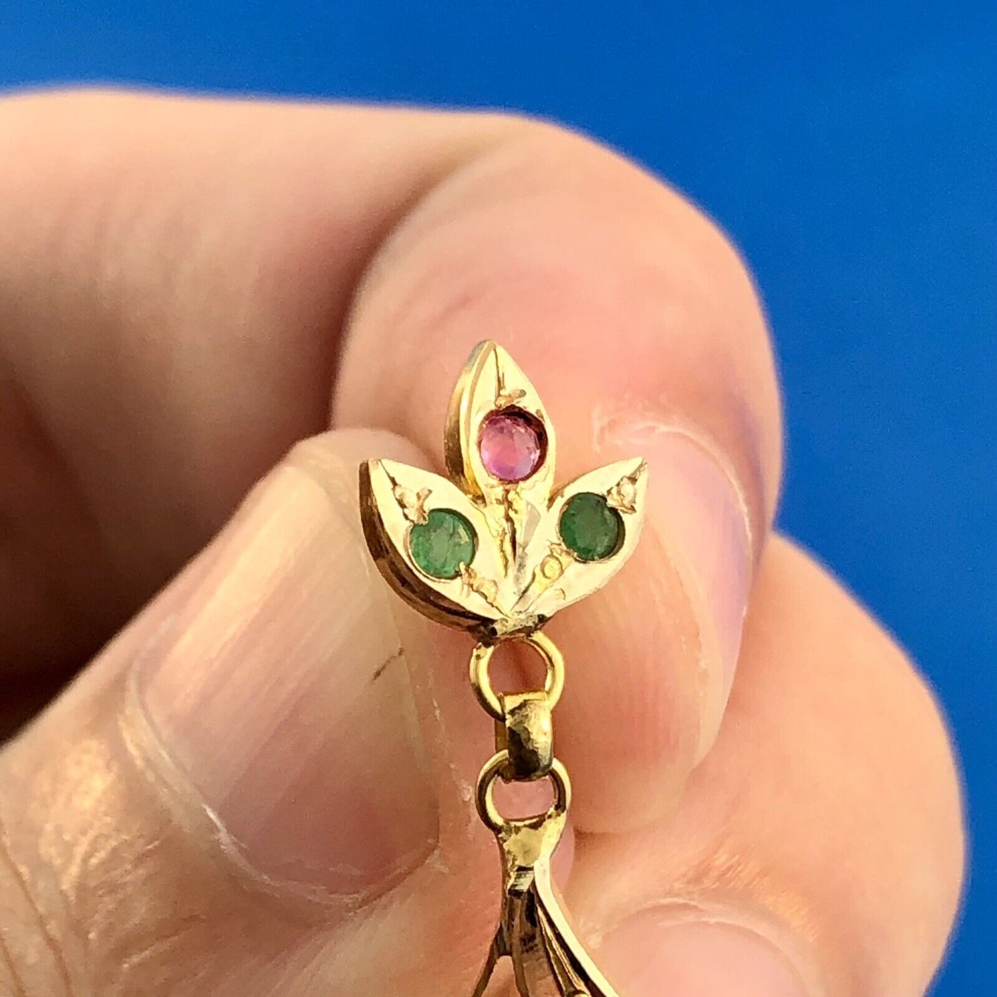 Vintage 10K Yellow Gold Ruby Emerald Pearl Floral Tiered Drop Dangle Earrings