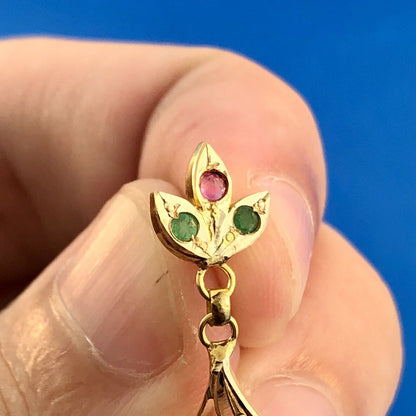 Vintage 10K Yellow Gold Ruby Emerald Pearl Floral Tiered Drop Dangle Earrings