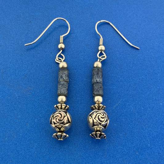 Silver Plated Lapis Lazuli Tubular Beads Rose Scroll Dangle Drop Earrings