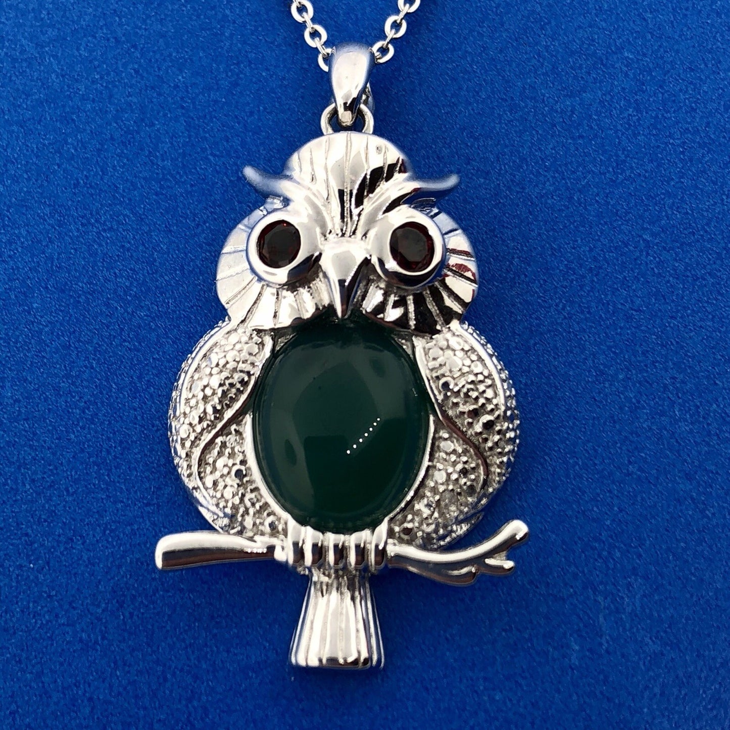 Designer Sterling Silver Green Onyx Garnet Textured Plump Owl Fashion Necklace