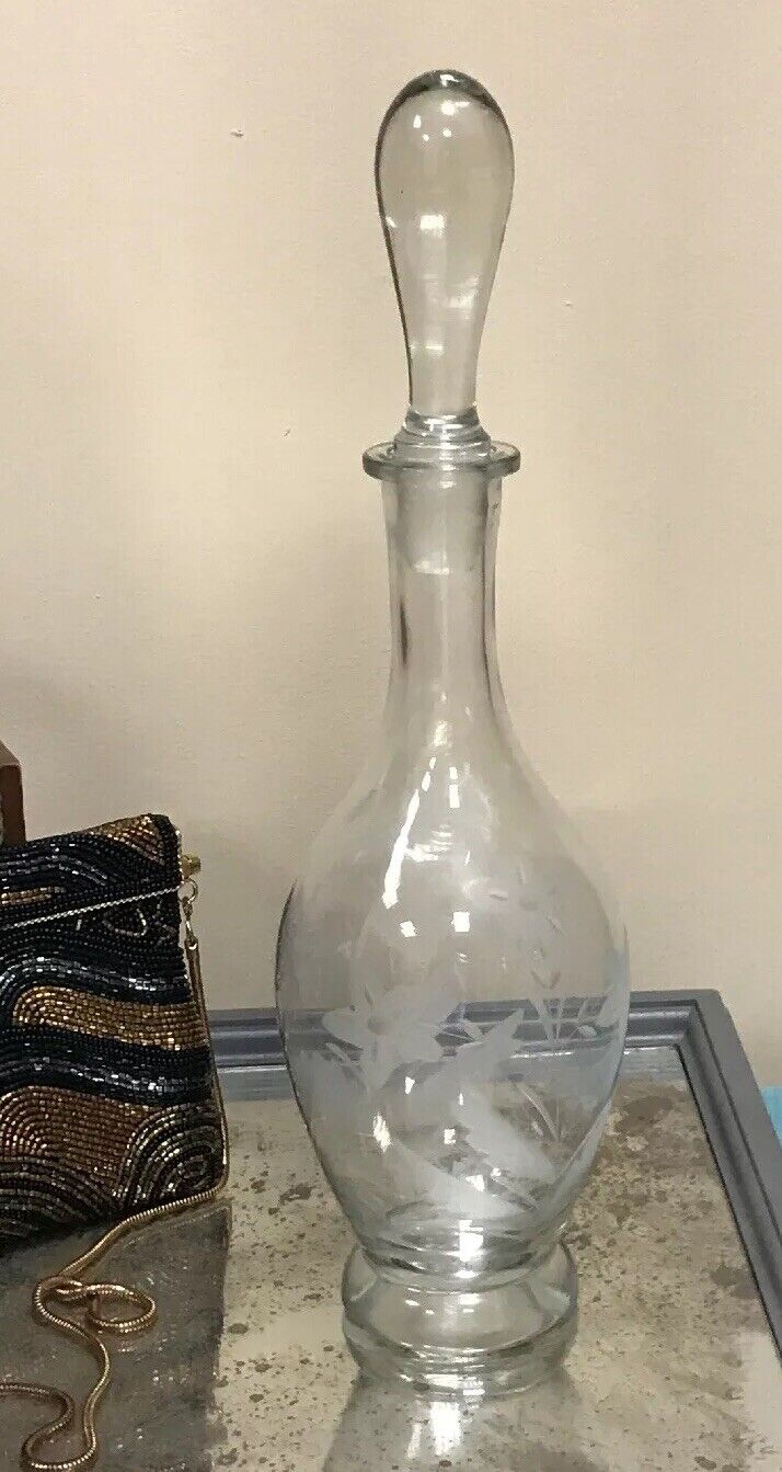 Romania Floral Etched Cordial Aperitif Sherry Bar Ware Decorative Glass Decanter