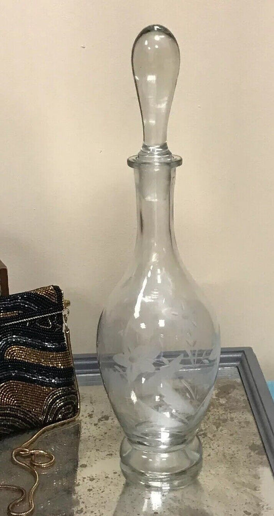 Romania Floral Etched Cordial Aperitif Sherry Bar Ware Decorative Glass Decanter