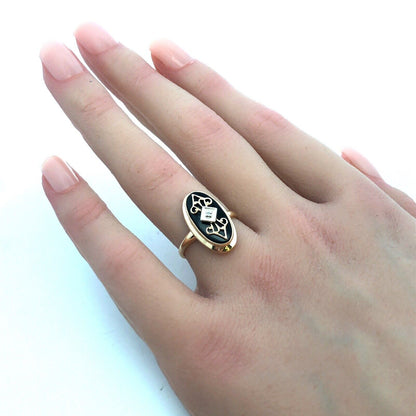 Designer PSCO 10K Yellow Gold Oval Black Onyx Diamond Art Deco Style Ring