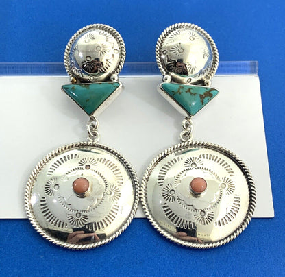 Designer REVE 925 Sterling Silver Turquoise Coral Statement Concho Stud Earrings