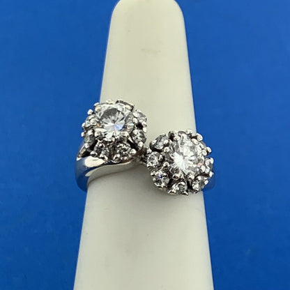 Vintage 18K White Gold Diamond Duo W/Halo Statement Bypass Ring