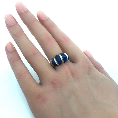 Estate 950 Fine Silver Lapis-Lazuli Modernist Ribbed Dome Size 7.5 Ring