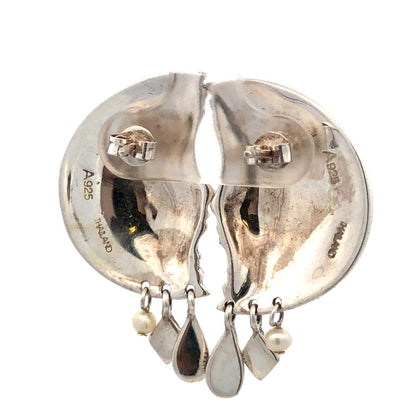 Designer A 925 Sterling Silver Marcasite Pearl Man In Moon Dangle Stud Earrings