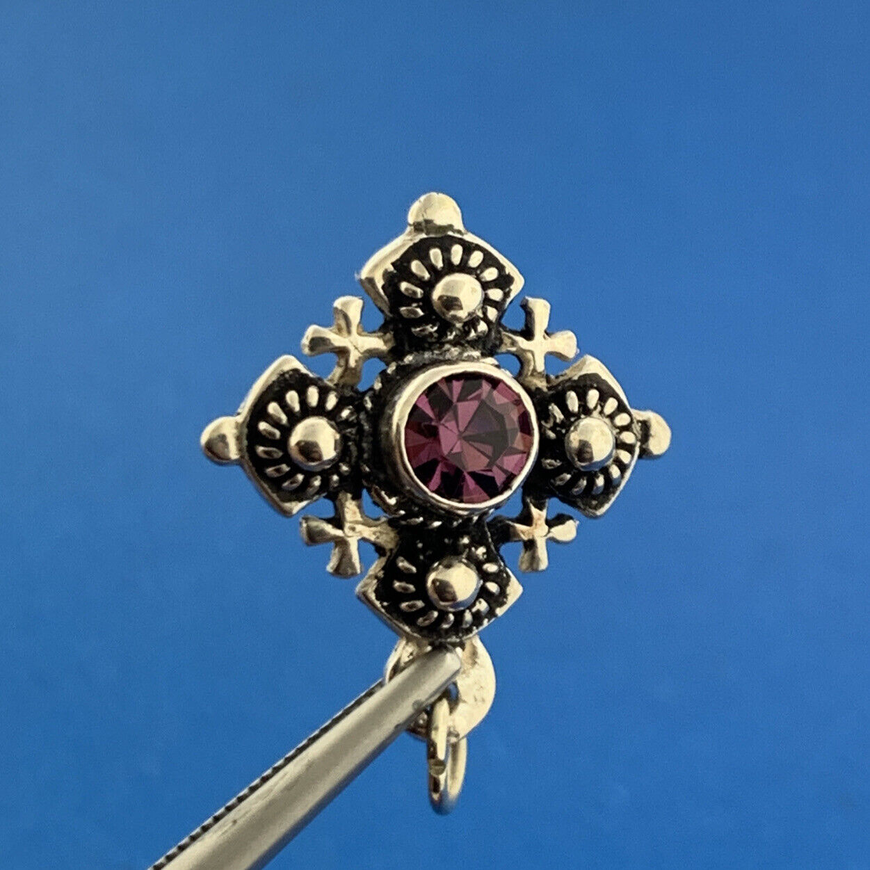 Designer Israel 900 Fine Silver Amethyst Jerusalem Maltese Cross Pendant