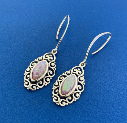 Designer CFJ 925 Sterling Silver Marquise Cabochon Pink Opal Dangle Earrings