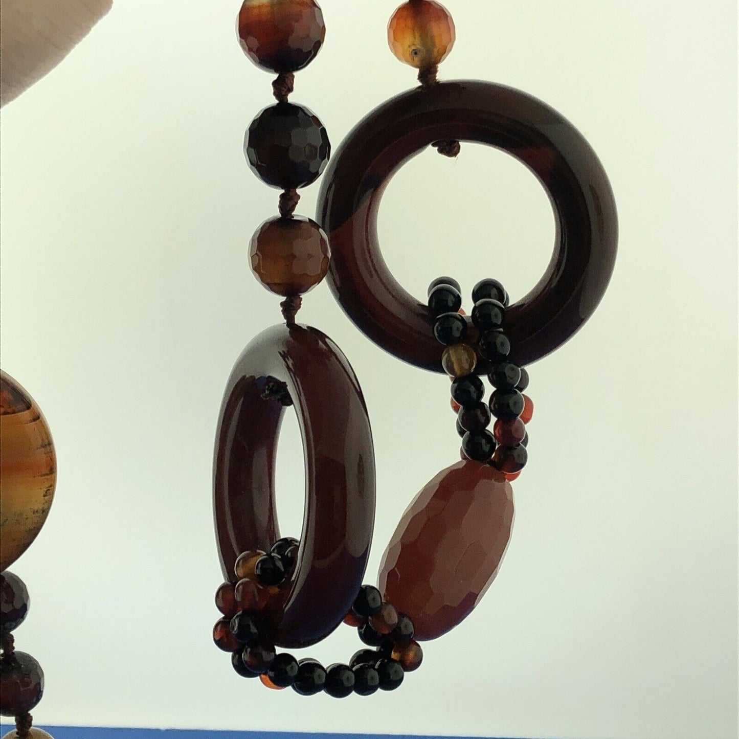 Vintage Designer Hand Knotted Carnelian Obsidian Agate Beaded Statement Necklace