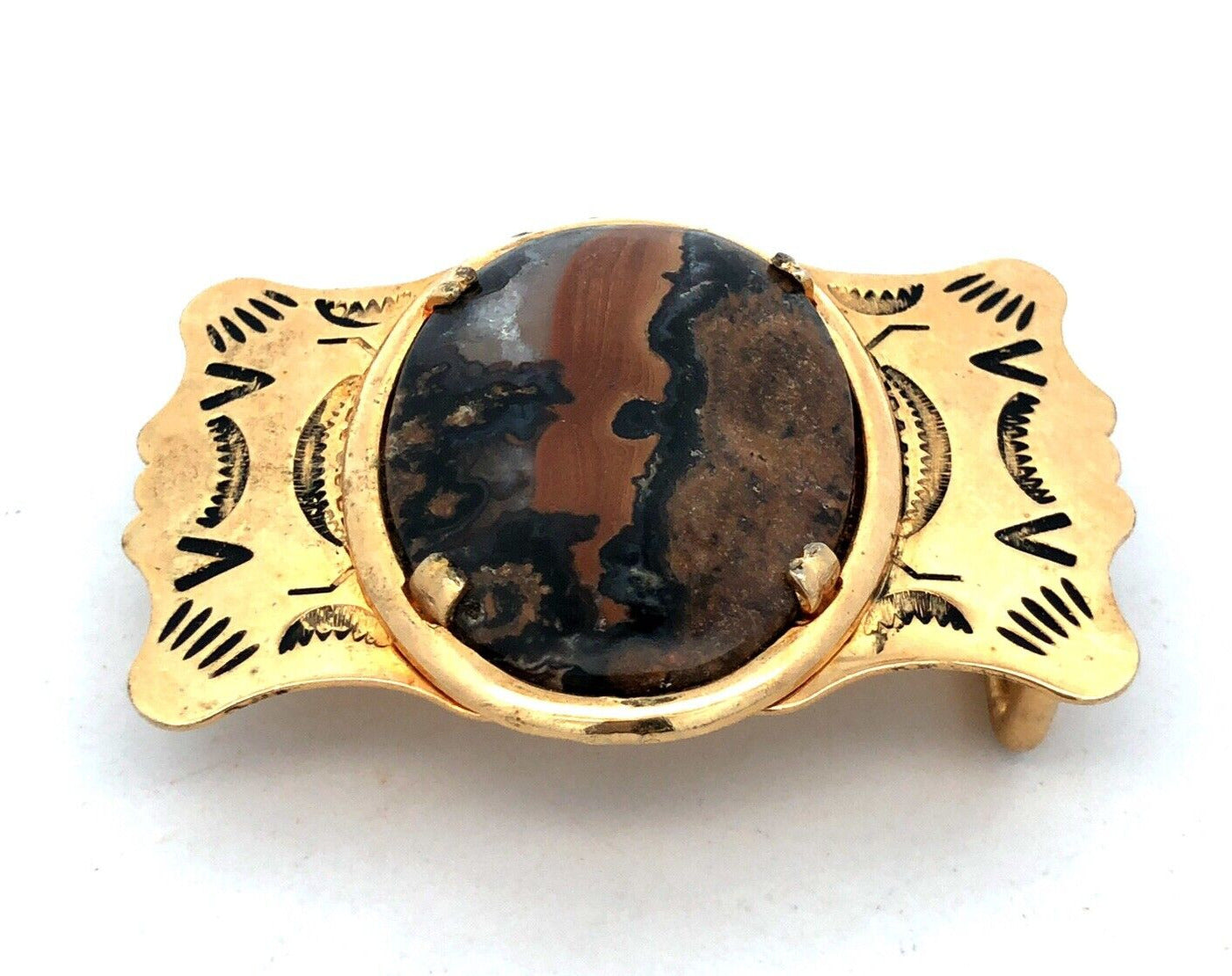 Retro Gold Tone Brass Southwestern Etched Oval Volcanic Stone Unisex Belt Buckle