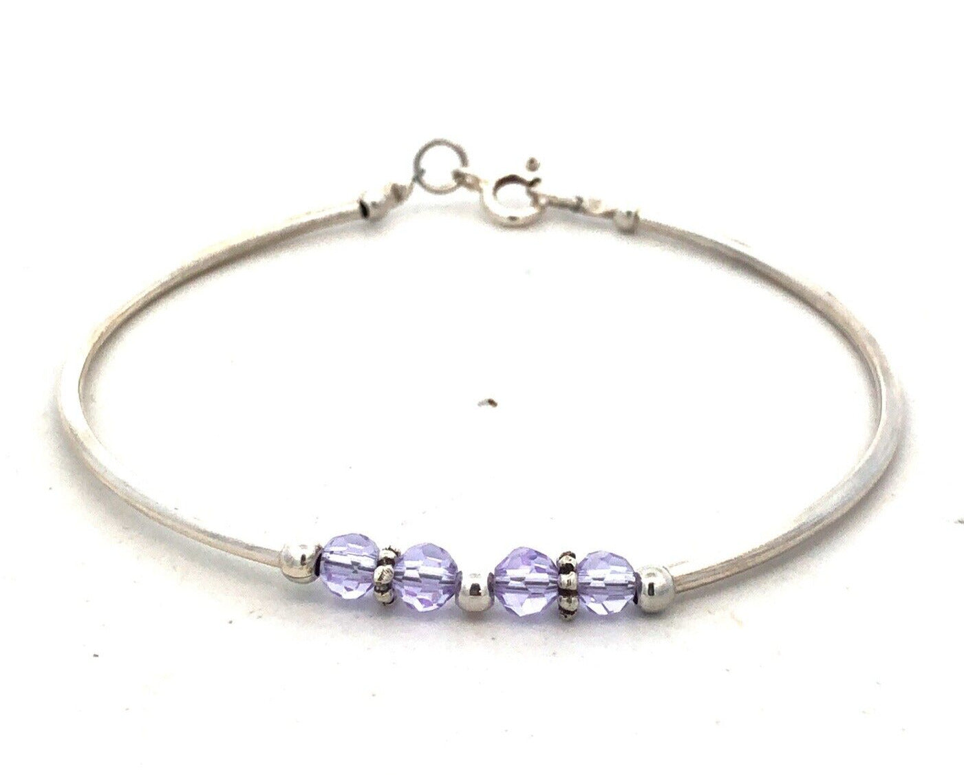 925 Sterling Silver Purple Crystal Beaded Round Bangle Bracelet