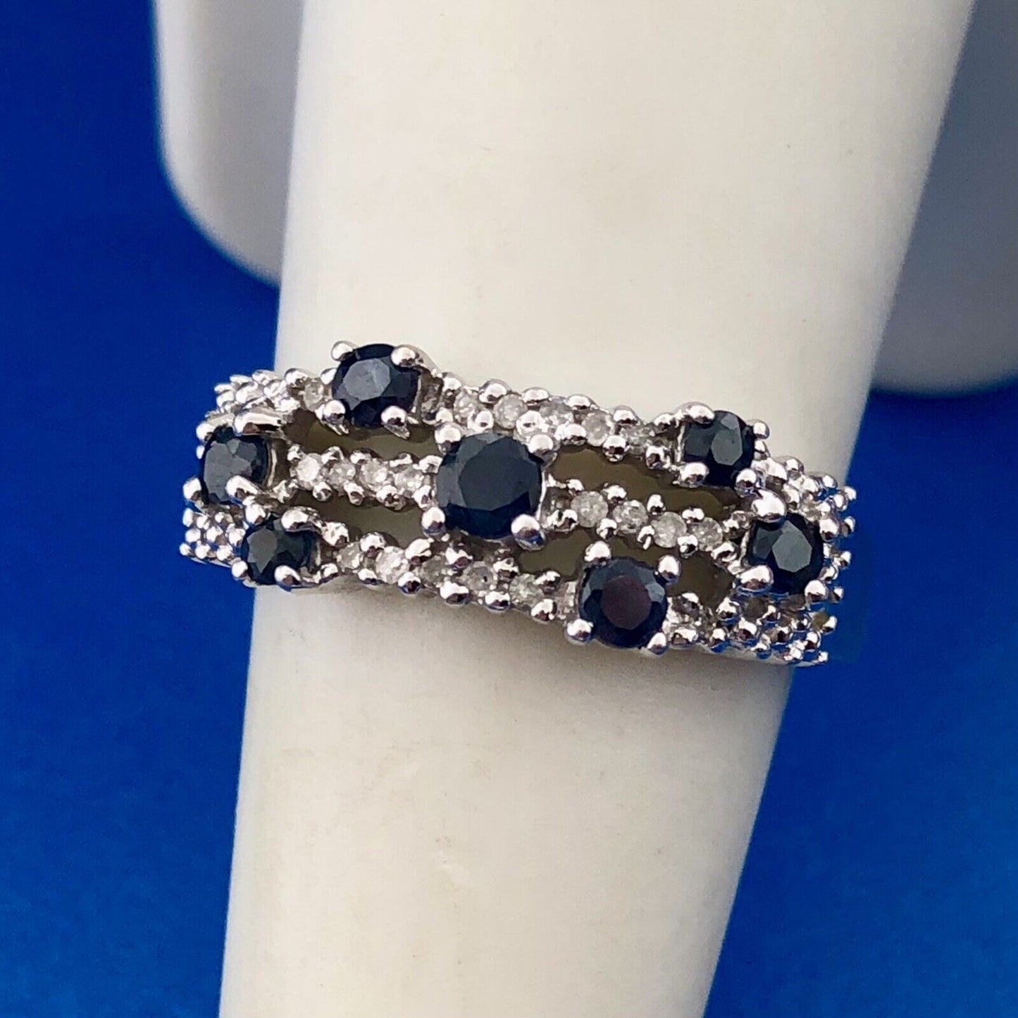 Designer Samuel Aaron THL 10K White Gold Sapphire Diamond Three Row Band Ring