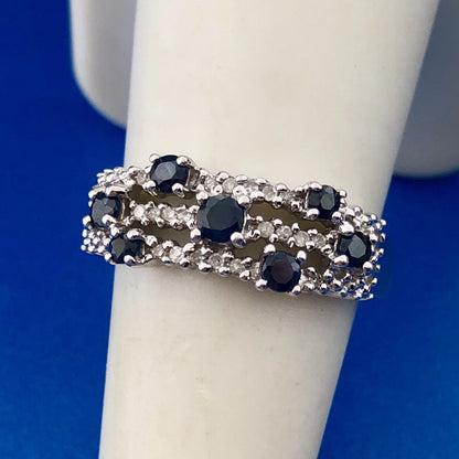 Designer Samuel Aaron THL 10K White Gold Sapphire Diamond Three Row Band Ring