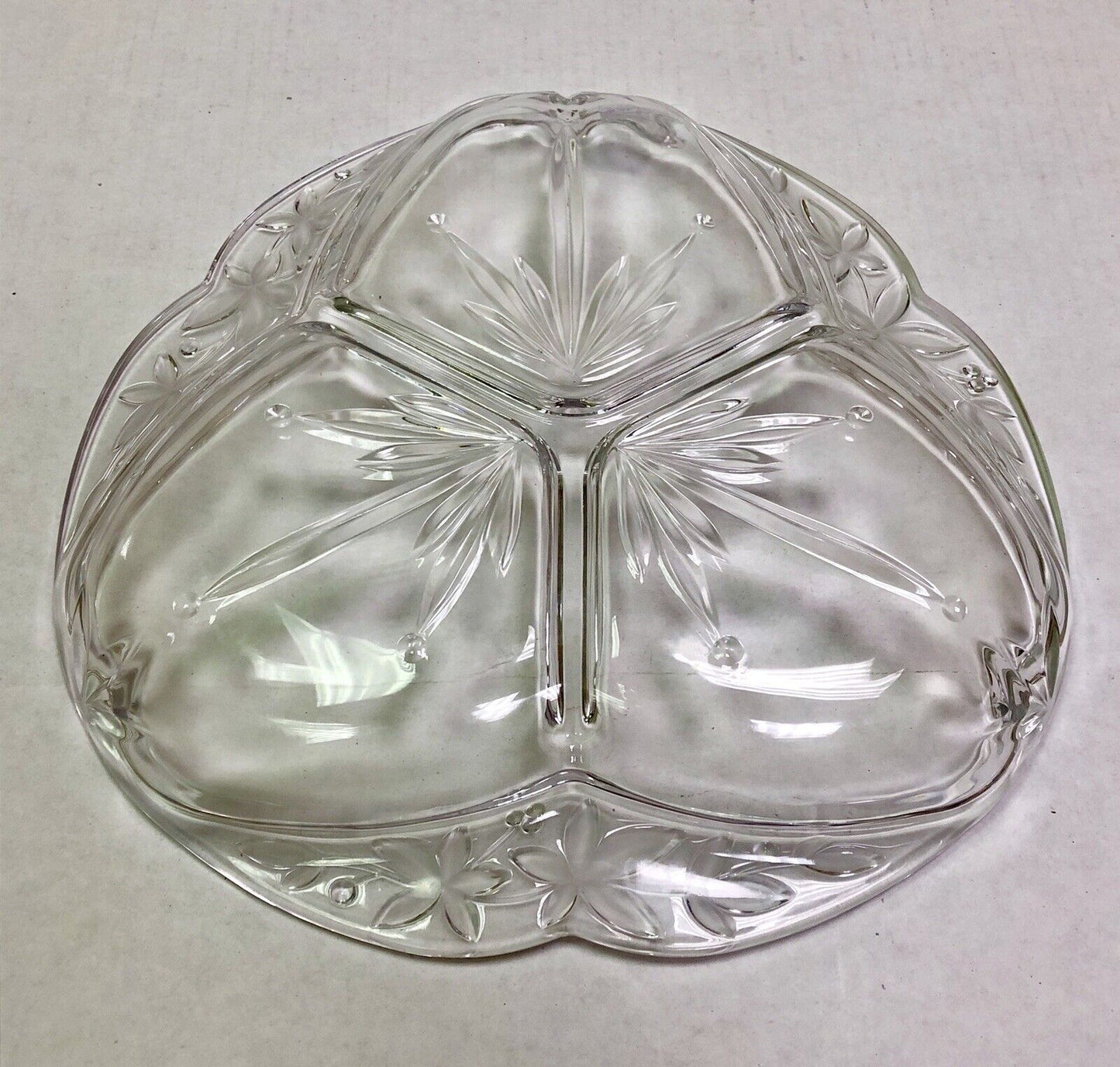 Vintage Quality Three Divided Frosted Etched Floral Scroll Relish Serving Dish