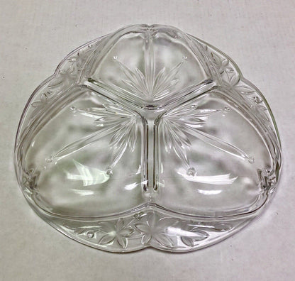 Vintage Quality Three Divided Frosted Etched Floral Scroll Relish Serving Dish