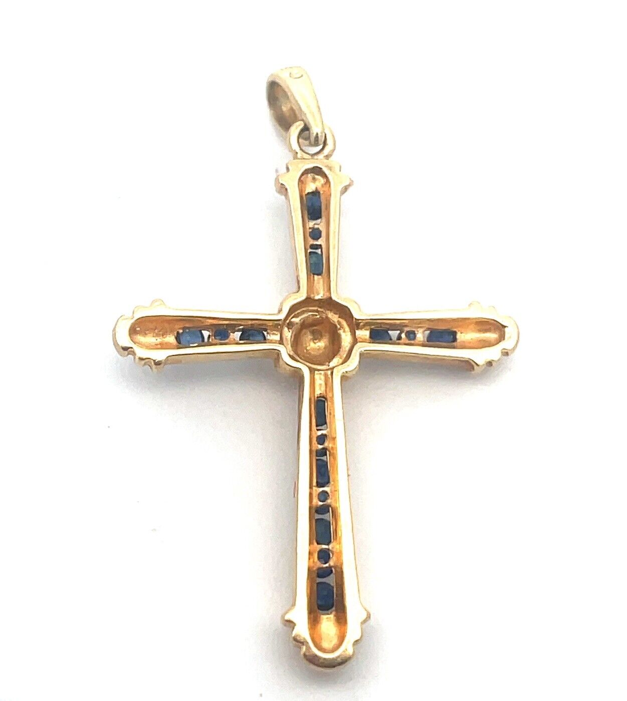 Designer 14K Yellow Gold Blue Sapphire Religious Easter Statement Cross Pendant