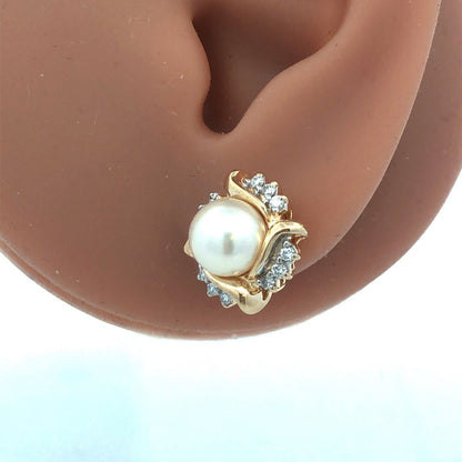 Designer 14K Yellow Gold Pearl Diamond Halo Statement Stud Earrings