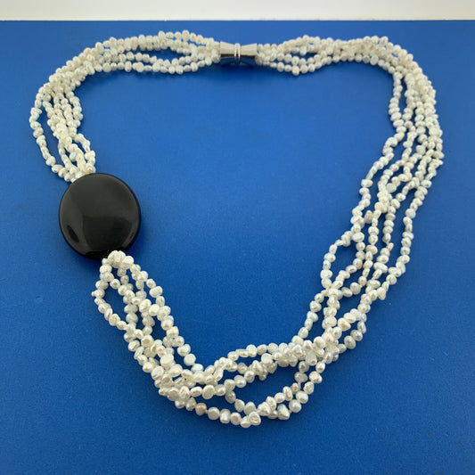 Vintage Silver Tone Handknotted White Pearl Black Onyx Statement Choker Necklace