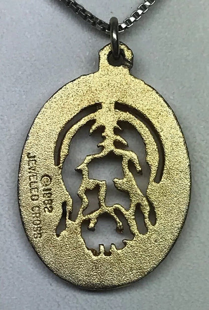 1982 Jeweled Cross Gold Toned Polished Florentine Jesus Face Cutout Disc Pendant