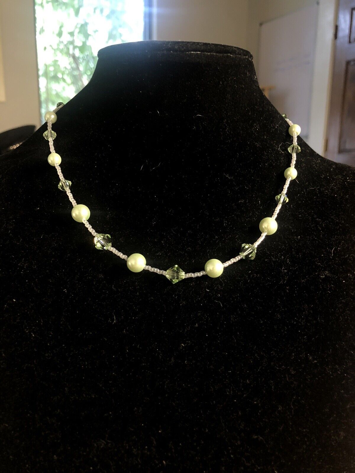 Vintage 925 Sterling Silver Green Crystal Faux Green Pearl Beaded Necklace